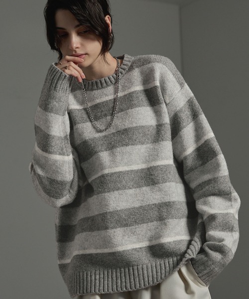 CIYOT(シヨウト)の「【CIYOT】シミラーカラーボーダービッグシルエットウォッシャブルニット(ニット/セーター・レディース・ブラック系/グレー系/アイボリー系/ブラウン系・L/M)」の2枚目の写真