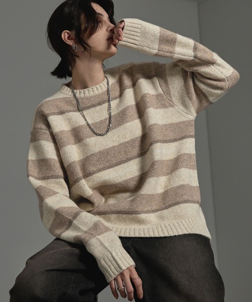 CIYOT(シヨウト)の「【CIYOT】シミラーカラーボーダービッグシルエットウォッシャブルニット(ニット/セーター・レディース・ブラック系/グレー系/アイボリー系/ブラウン系・L/M)」の4枚目の写真