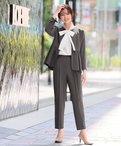 3点セット】ペプラムノーカラージャケット ボウタイブラウス