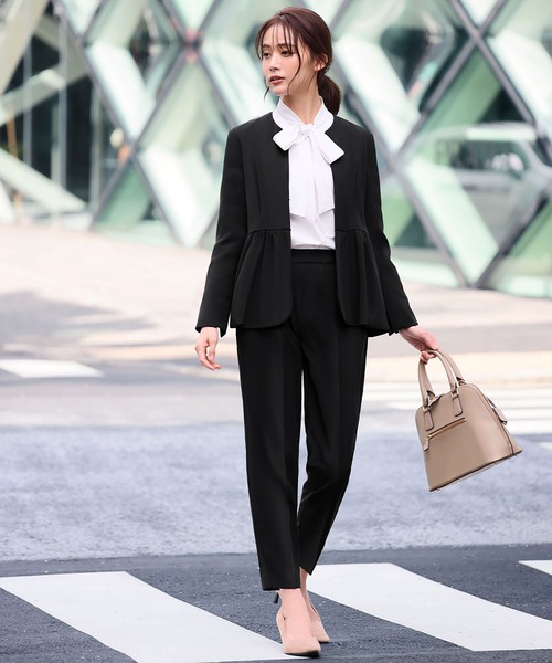 3点セット】ペプラムノーカラージャケット ボウタイブラウス