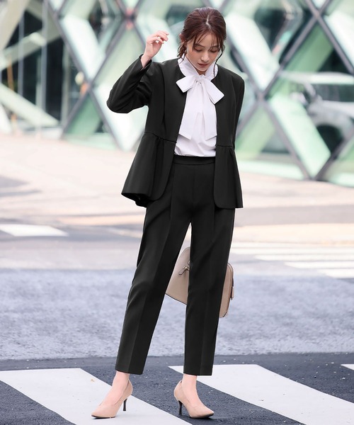 セール】【3点セット】ペプラムノーカラージャケット ボウタイブラウス