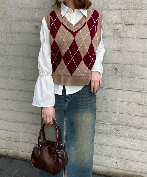 clear（クリア）の「アーガイル柄ベスト [大人 カジュアル 着回し力抜群]≪再入荷≫（ベスト・レディース・ベージュ/ネイビー/アイボリー・F）」の3枚目の写真