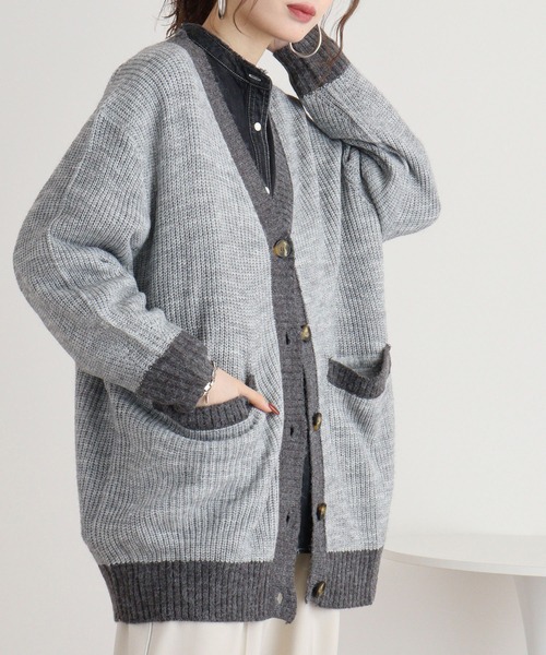 atONE（アットワン）の「コンビネーションカラーVネックカーディガン（カーディガン/ボレロ・レディース・チャコールグレー/ブラック/ライトグレー・4L～5L/LL～3L/M-L）」の13枚目の写真