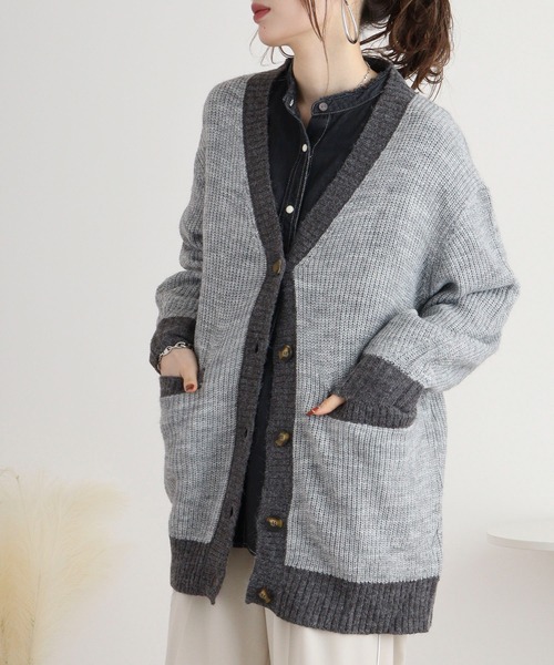 atONE（アットワン）の「コンビネーションカラーVネックカーディガン（カーディガン/ボレロ・レディース・チャコールグレー/ブラック/ライトグレー・4L～5L/LL～3L/M-L）」の14枚目の写真