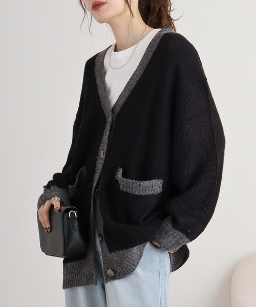 atONE（アットワン）の「コンビネーションカラーVネックカーディガン（カーディガン/ボレロ・レディース・チャコールグレー/ブラック/ライトグレー・4L～5L/LL～3L/M-L）」の4枚目の写真