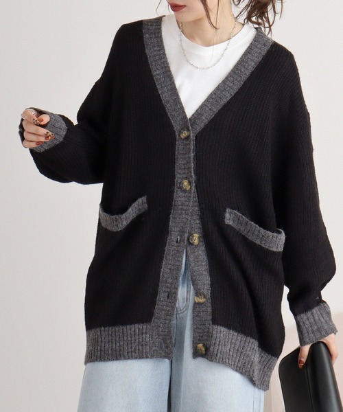 atONE（アットワン）の「コンビネーションカラーVネックカーディガン（カーディガン/ボレロ・レディース・チャコールグレー/ブラック/ライトグレー・4L～5L/LL～3L/M-L）」の5枚目の写真