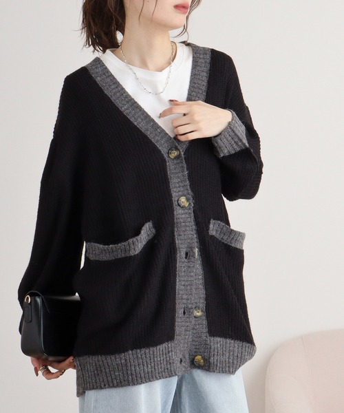 atONE（アットワン）の「コンビネーションカラーVネックカーディガン（カーディガン/ボレロ・レディース・チャコールグレー/ブラック/ライトグレー・4L～5L/LL～3L/M-L）」の6枚目の写真