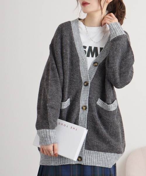 atONE（アットワン）の「コンビネーションカラーVネックカーディガン（カーディガン/ボレロ・レディース・チャコールグレー/ブラック/ライトグレー・4L～5L/LL～3L/M-L）」の9枚目の写真