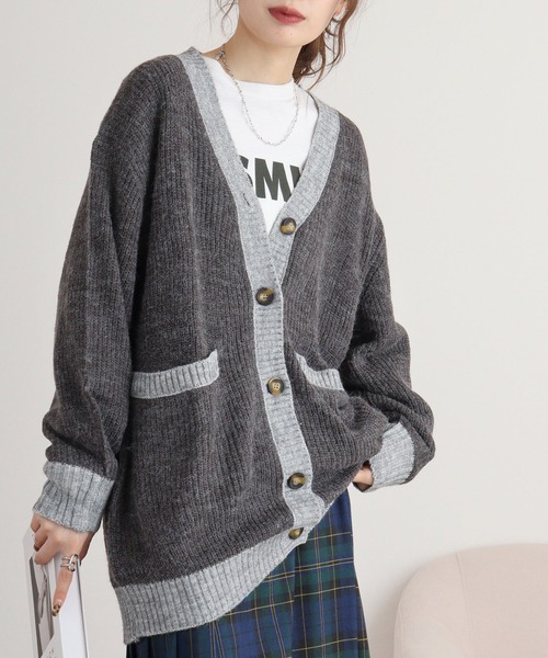 atONE（アットワン）の「コンビネーションカラーVネックカーディガン（カーディガン/ボレロ・レディース・チャコールグレー/ブラック/ライトグレー・4L～5L/LL～3L/M-L）」の10枚目の写真