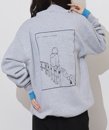 WS select ストレッチ裏起毛 エモイラスト柄ハーフジップスウェットシャツ