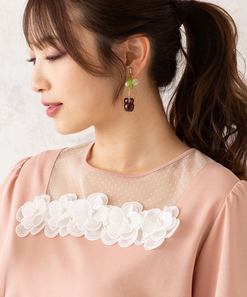 Rose Tiara(ローズティアラ)の「ドットチュールカットソー(Tシャツ/カットソー・レディース・オレンジ/ブラック/オフホワイト・38/42/46)」の1枚目の写真