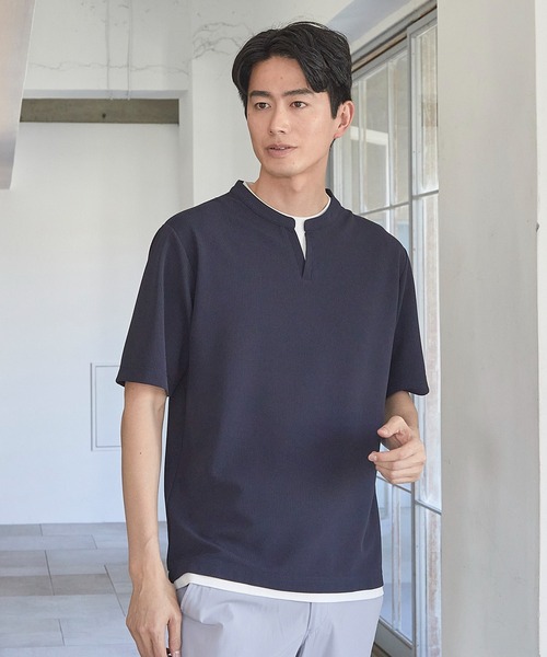UNION STATION(ユニオンステーション)の「ふくれジャガード フェイクレイヤードキーネックT(Tシャツ/カットソー・メンズ・グレイッシュベージュ/ブラック/ブルー/ネイビー/ホワイト・M/L/LL)」の4枚目の写真