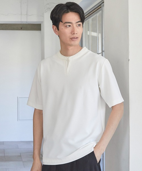 UNION STATION(ユニオンステーション)の「ふくれジャガード フェイクレイヤードキーネックT(Tシャツ/カットソー・メンズ・グレイッシュベージュ/ブラック/ブルー/ネイビー/ホワイト・M/L/LL)」の1枚目の写真