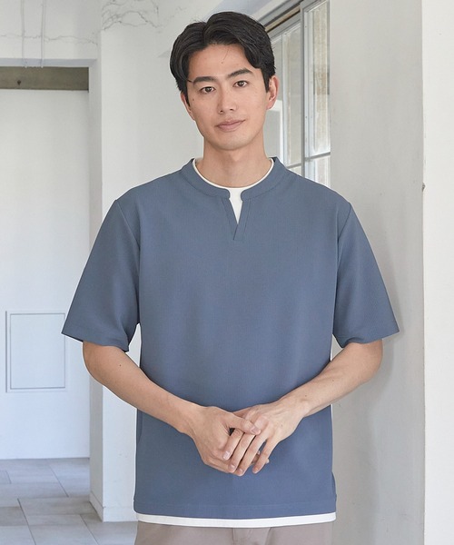 UNION STATION(ユニオンステーション)の「ふくれジャガード フェイクレイヤードキーネックT(Tシャツ/カットソー・メンズ・グレイッシュベージュ/ブラック/ブルー/ネイビー/ホワイト・M/L/LL)」の5枚目の写真