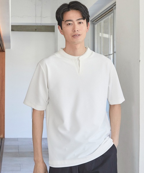 UNION STATION(ユニオンステーション)の「ふくれジャガード フェイクレイヤードキーネックT(Tシャツ/カットソー・メンズ・グレイッシュベージュ/ブラック/ブルー/ネイビー/ホワイト・M/L/LL)」の6枚目の写真