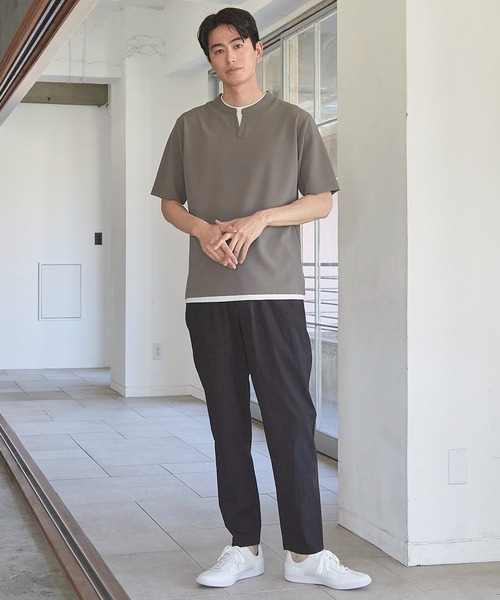 UNION STATION(ユニオンステーション)の「ふくれジャガード フェイクレイヤードキーネックT(Tシャツ/カットソー・メンズ・グレイッシュベージュ/ブラック/ブルー/ネイビー/ホワイト・M/L/LL)」の15枚目の写真