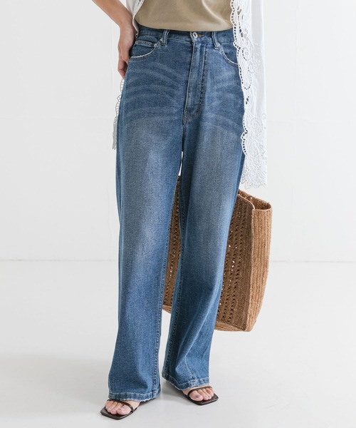 セール】『3サイズ展開』綿麻デニムワイドストレートパンツ（デニム