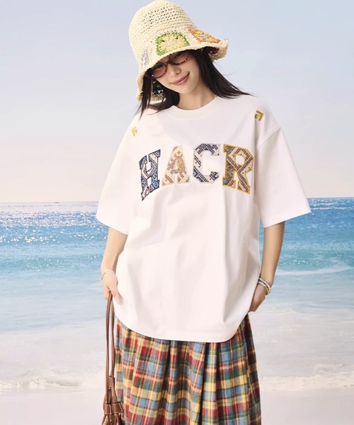 ☆25SS☆ヴィンテージ染色デストロイドTシャツ/RECTO☆ セール】クロスステッチロゴグラフィックTシャツ TEE