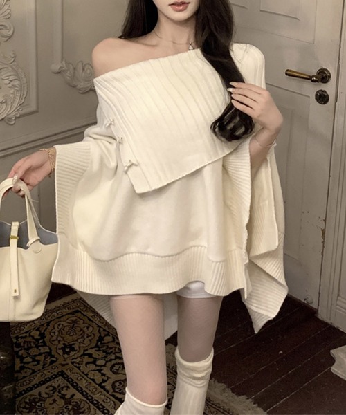 Jasmine Grandiflorum(ジャスミングランディフローラム)の「【Jasmine】アシンメトリーケープデザインニット(ポンチョ・レディース・チョコ/ライトベージュ/ピンク・FREE)」の8枚目の写真