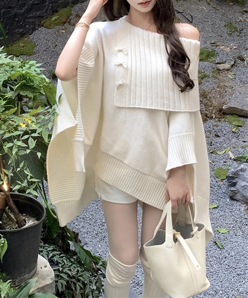 Jasmine Grandiflorum(ジャスミングランディフローラム)の「【Jasmine】アシンメトリーケープデザインニット(ポンチョ・レディース・チョコ/ライトベージュ/ピンク・FREE)」の17枚目の写真