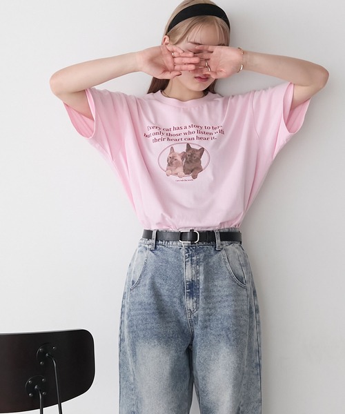 forksy.(フォルクシー)の「【forksy.】アソート キャットプリント 半袖Tシャツ(Tシャツ/カットソー・レディース・ライトピンク/ブラック/ホワイト/ライトグレー・FREE)」の4枚目の写真