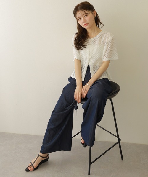 LAULEN(ローレン)の「openwork front button cardigan /透かし編み フロント ボタン 半袖 カーディガン(カーディガン/ボレロ・レディース・アイボリー/ホワイト・FREE)」の5枚目の写真