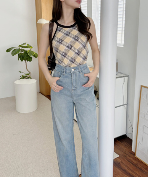 セントクリストファー♡【美品】可愛いパネルチェックのセットアップＬ セール】カップ付き チェック柄 ホルターネック タンクトップ