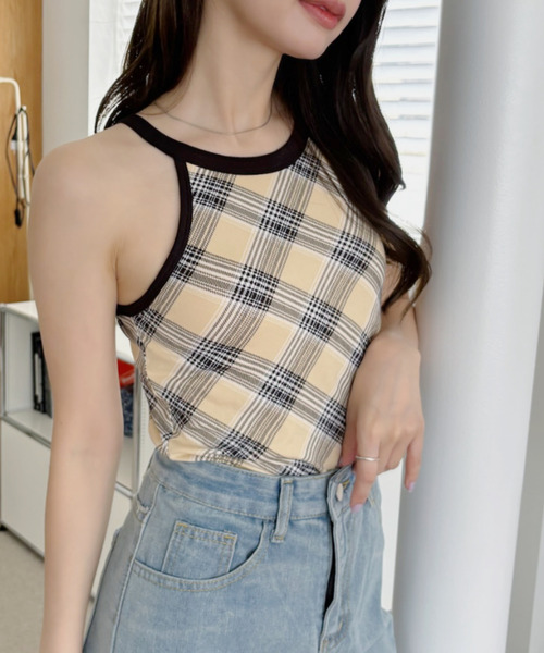 セントクリストファー♡【美品】可愛いパネルチェックのセットアップＬ an/アン】オフショルダー チェック柄 セットアップ ジップ