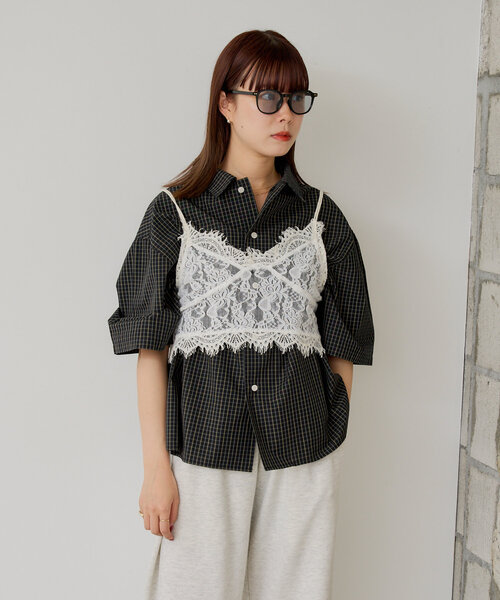 WHIMSIC（ウィムジック）の「*【WHIMSIC】ショートレングスチェックシャツ（シャツ/ブラウス・レディース・ブラック/ライトベージュ/ブルー・FREE）」の6枚目の写真