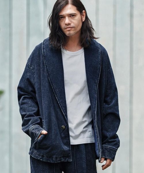 mj10836- Heavy Weight Indigo Sweat One Button Shawl Collar Jacket