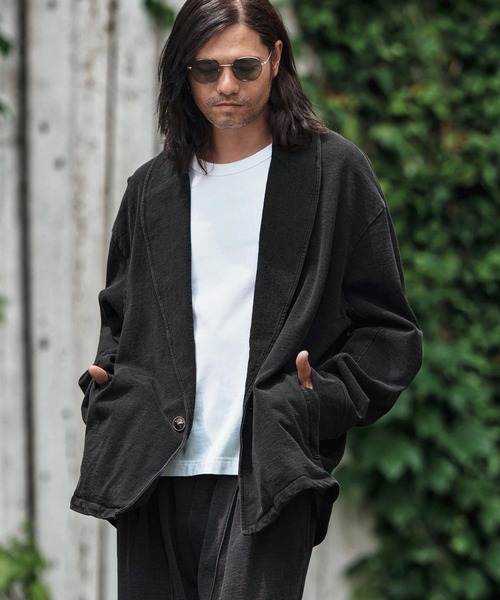 mj10836- Heavy Weight Indigo Sweat One Button Shawl Collar Jacket