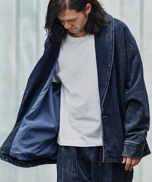 mj10836- Heavy Weight Indigo Sweat One Button Shawl Collar Jacket