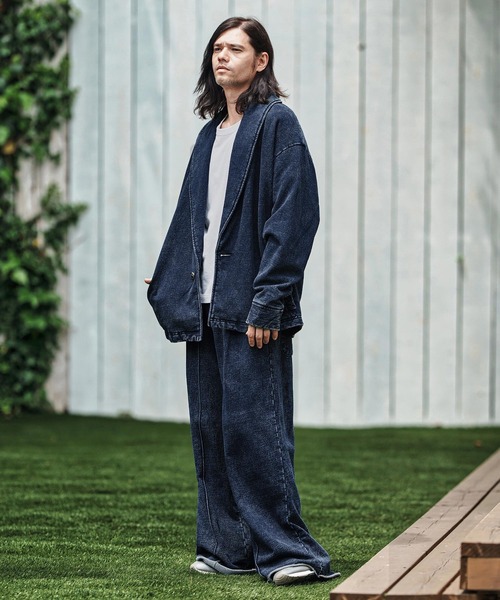 mj10836- Heavy Weight Indigo Sweat One Button Shawl Collar Jacket