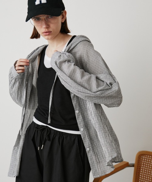 Auntie Rosa Holiday（アンティローザホリデー）の「オーバーサイズチェックフーディシャツ（シャツ/ブラウス・レディース・ブルー/ブラック/アイボリー・FREE）」の16枚目の写真