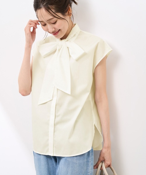 ROPE' PICNIC(ロペピクニック)の「【防シワ】リボンフレンチスリーブシャツ(シャツ/ブラウス・レディース・ブルー/オフホワイト/サックスブルー/イエロー・38)」の6枚目の写真