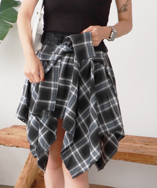 ROOPTOKYO（ループトウキョウ）の「アシンメトリーデザイン チェックスカート（スカート・レディース・チャコール/ベージュ/イエロー/ブルー/ブラック/ホワイト×ブラック/ブラック系その他・FREE）」の4枚目の写真