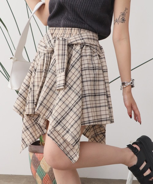 アシンメトリーデザイン チェックスカート（スカート