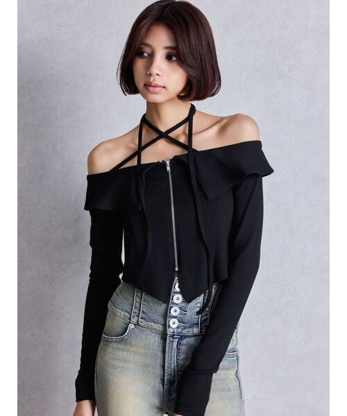 GYDA（ジェイダ）の「フロントZIPクロスチョーカーショートトップス（Tシャツ/カットソー・レディース・オフホワイト/ブラック/カーキ・FREE）」の10枚目の写真