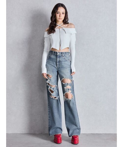 GYDA（ジェイダ）の「フロントZIPクロスチョーカーショートトップス（Tシャツ/カットソー・レディース・オフホワイト/ブラック/カーキ・FREE）」の15枚目の写真