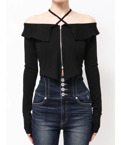 GYDA（ジェイダ）の「フロントZIPクロスチョーカーショートトップス（Tシャツ/カットソー・レディース・オフホワイト/ブラック/カーキ・FREE）」の17枚目の写真