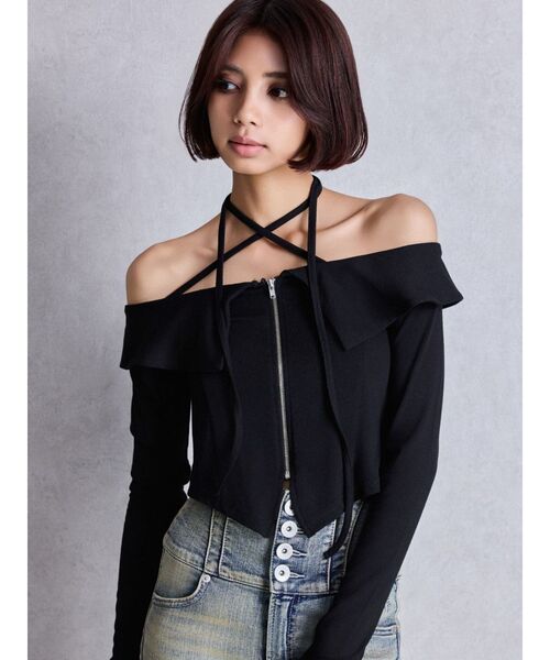 GYDA（ジェイダ）の「フロントZIPクロスチョーカーショートトップス（Tシャツ/カットソー・レディース・オフホワイト/ブラック/カーキ・FREE）」の5枚目の写真