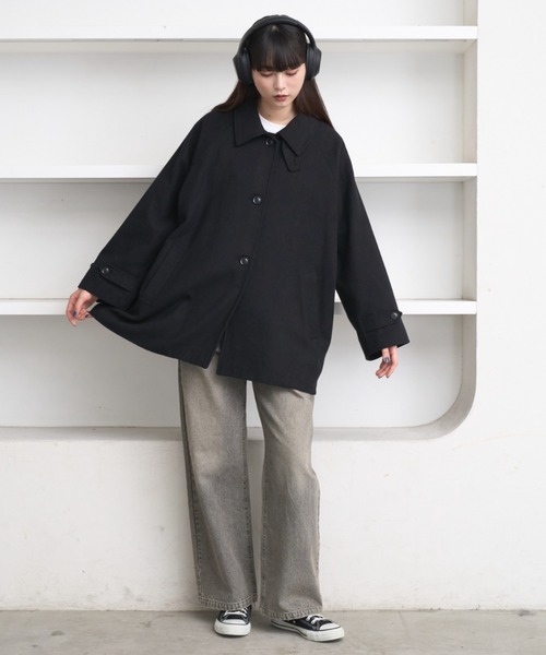 flaner ルーズステンカラーミドルコート M ブラック Loose soutien collar middle coat / ルーズステンカラーミドルコート