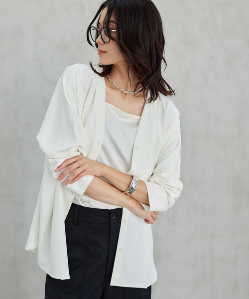 BARNYARDSTORM（バンヤードストーム）の「BARNYARDSTORM / ダブルクロスシャツカーデ ＜セットアップ対応＞【「BABALOG」チャンネルご紹介アイテム】【新色追加】（シャツ/ブラウス・レディース・チャコール/ホワイト/ブラック/モカ・M/S）」の5枚目の写真