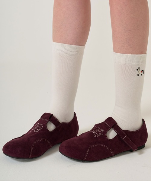 刺繍入り フェイクスエード シューズ TINA：JOJUN（バレエシューズ