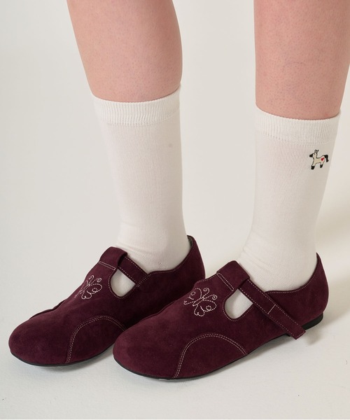 刺繍入り フェイクスエード シューズ TINA：JOJUN（バレエシューズ