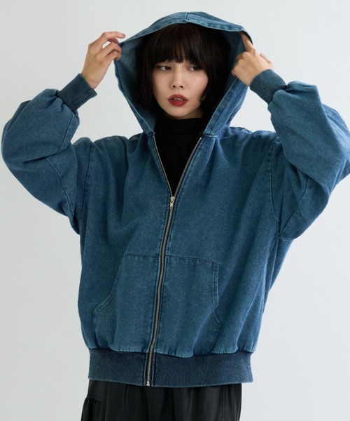 A.D.C.L.(エーディーシーエル)の「フード付き フルジップ デニムジャケット(Gジャン)(デニムジャケット・レディース・ブラック/ブルー・M/L)」の1枚目の写真