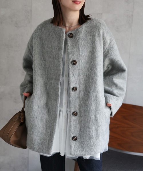 【saqui】モヘアシャギーノーカラーコート　新品　未着用 saqui】モヘアシャギーノーカラーコート - メルカリ