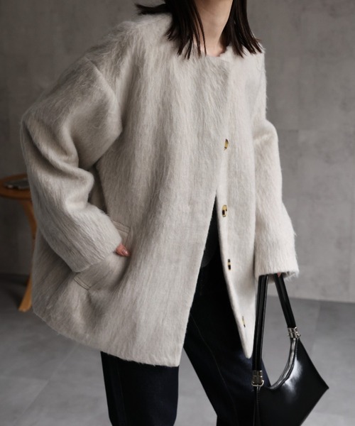 【saqui】モヘアシャギーノーカラーコート　新品　未着用 saqui】モヘアシャギーノーカラーコート - メルカリ