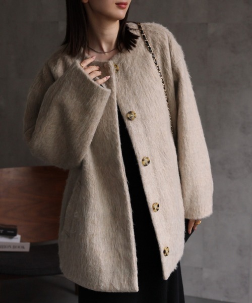セール】シャギー ノーカラーコクーンコート（ノーカラーコート