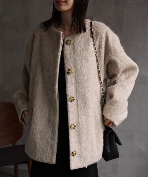 セール】シャギー ノーカラーコクーンコート（ノーカラーコート